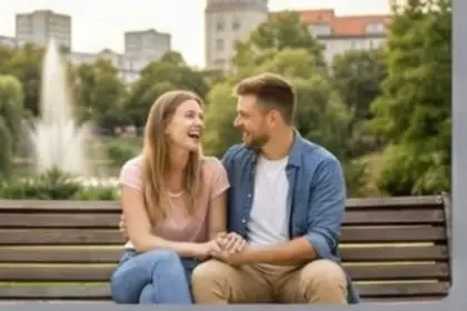 Beziehungsberatung im Alltag Ein Paar sitzt entspannt auf einer Parkbank im Schöneberger Kiez und führt ein tiefes Gespräch