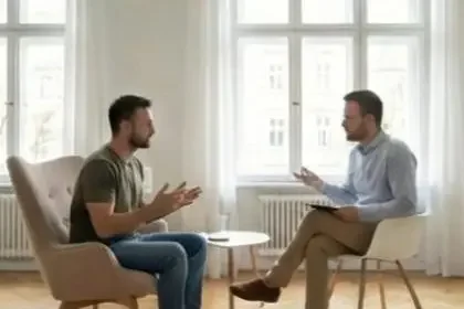 Krisenberatung und Paartherapie Zwei Männer im klärenden Gespräch während einer psychologischen Beratung oder Paartherapie